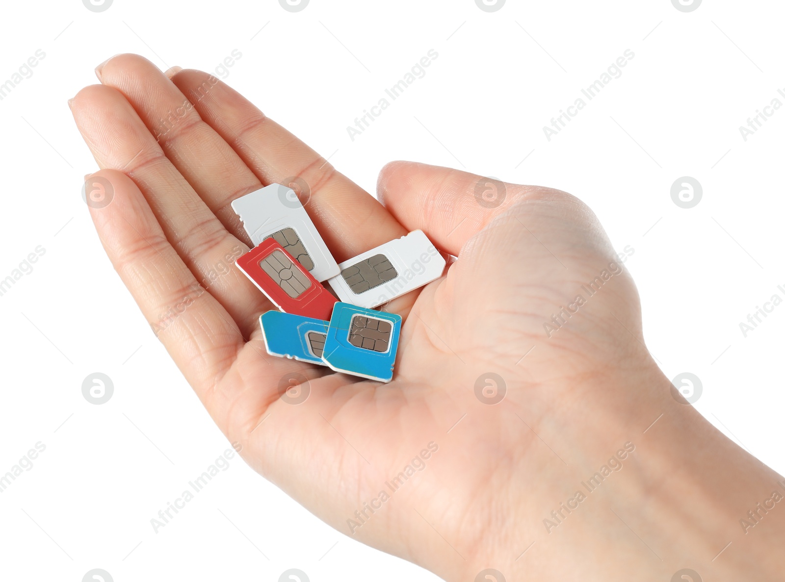 Photo of Woman with SIM cards on white background, closeup