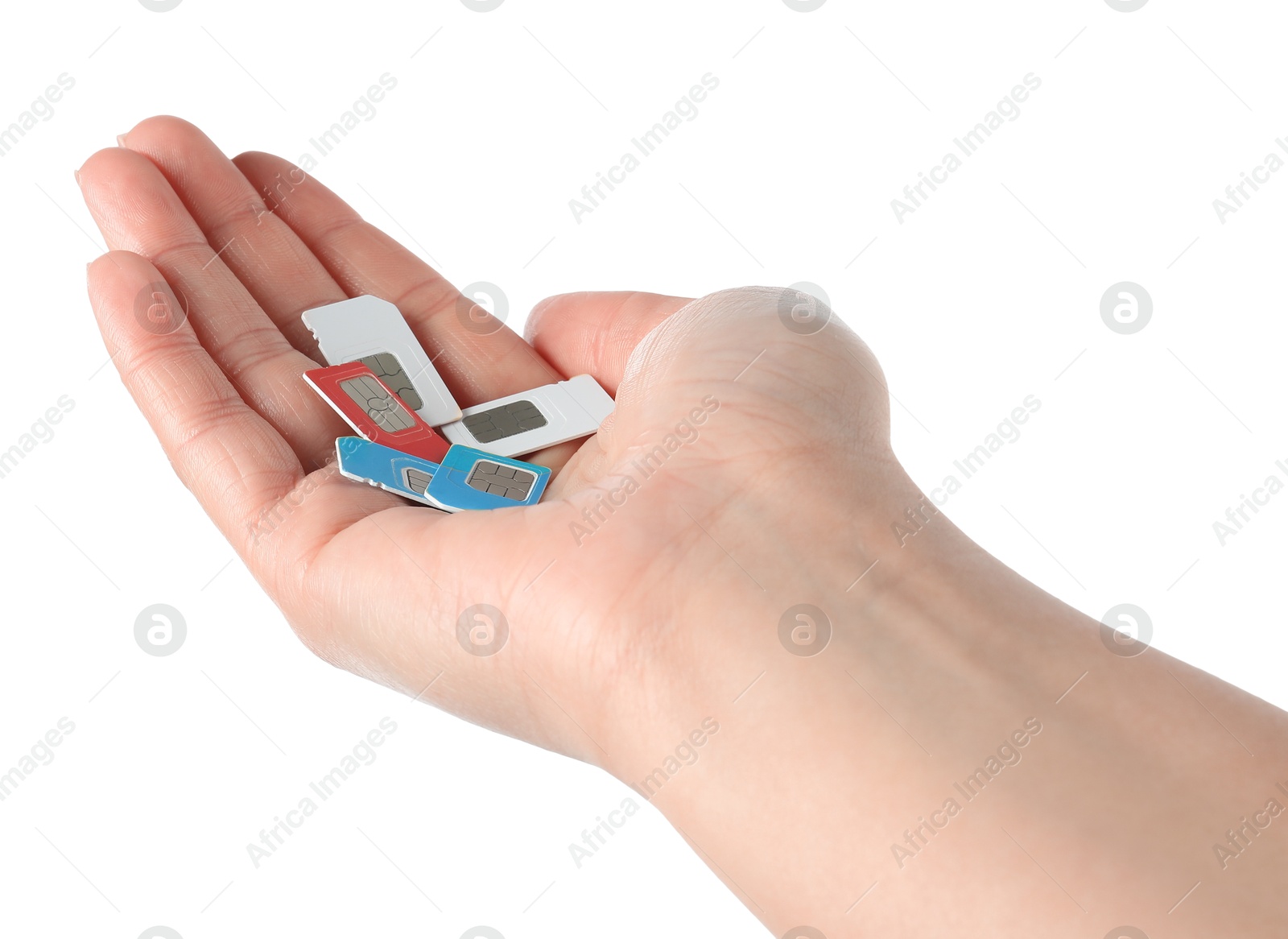 Photo of Woman with SIM cards on white background, closeup