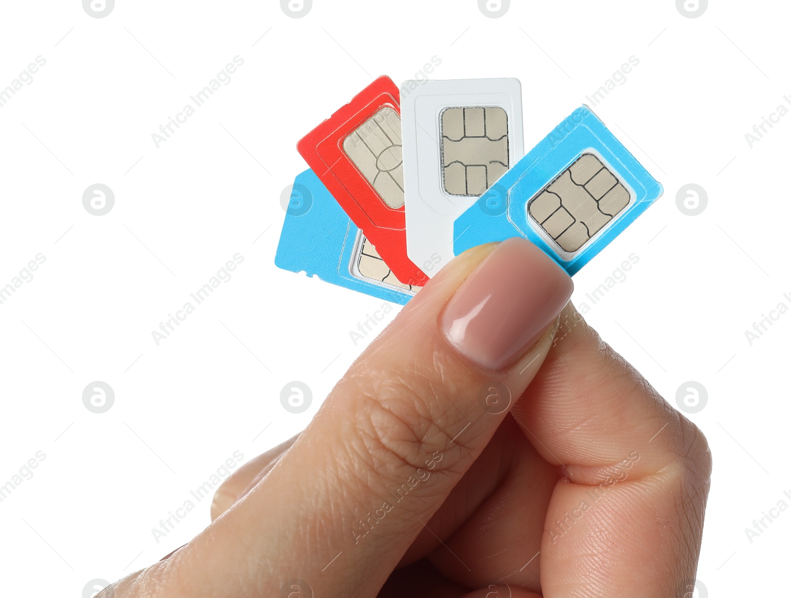 Photo of Woman with SIM cards on white background, closeup