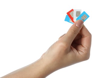 Photo of Woman with SIM cards on white background, closeup