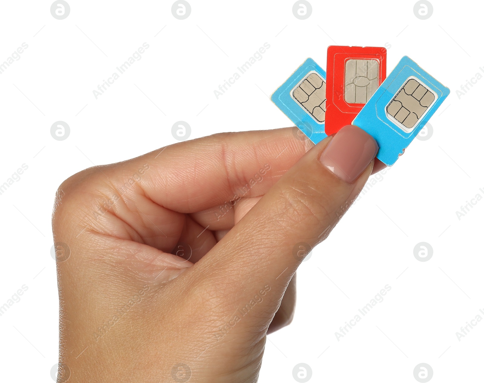 Photo of Woman with SIM cards on white background, closeup