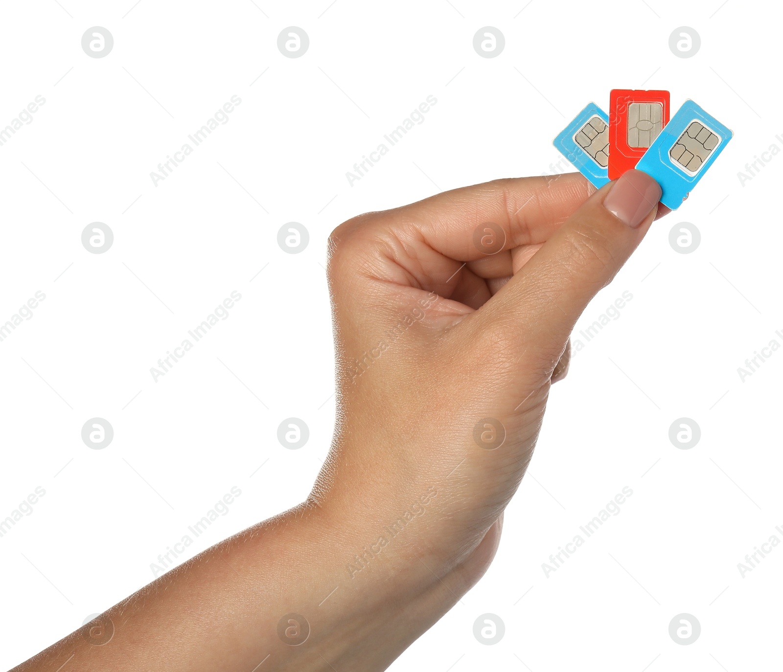 Photo of Woman with SIM cards on white background, closeup