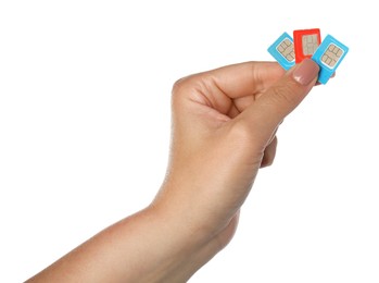 Photo of Woman with SIM cards on white background, closeup