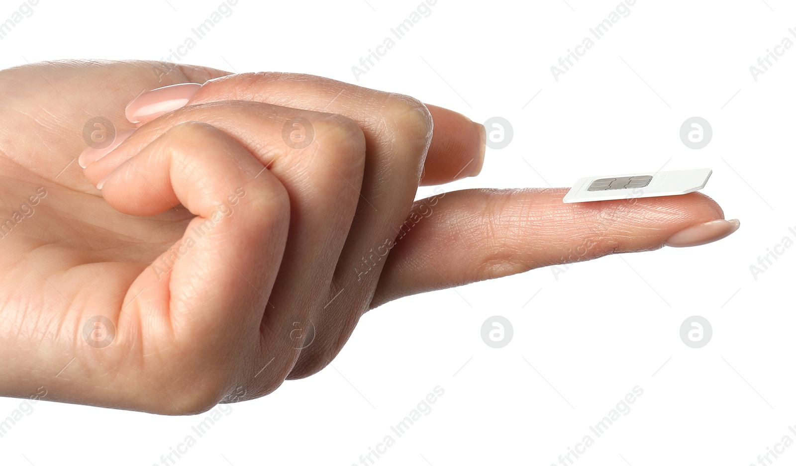 Photo of Woman with SIM card on white background, closeup