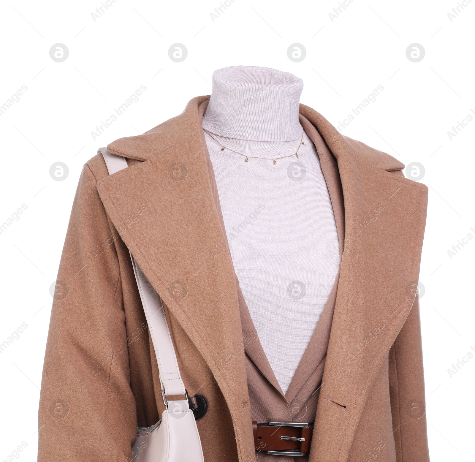 Photo of Female mannequin dressed in jacket, turtleneck and trench coat with accessories isolated on white. Stylish outfit