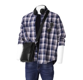 Photo of Male mannequin with accessories dressed in stylish shirt and jeans isolated on white