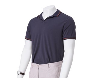 Photo of Male mannequin with watch dressed in stylish polo shirt and shorts isolated on white