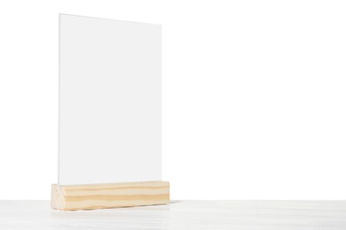 Photo of Menu holder on wooden table against white background. Space for text