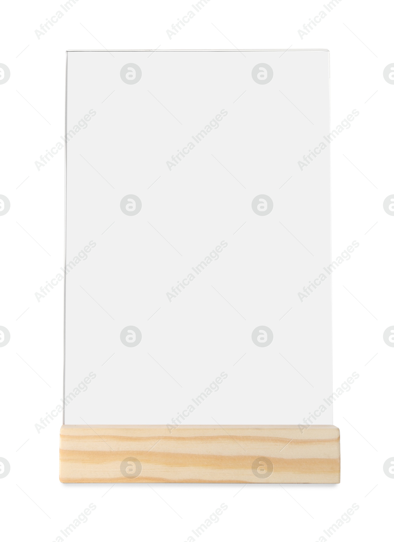 Photo of Menu holder on wooden table against white background. Mockup for design