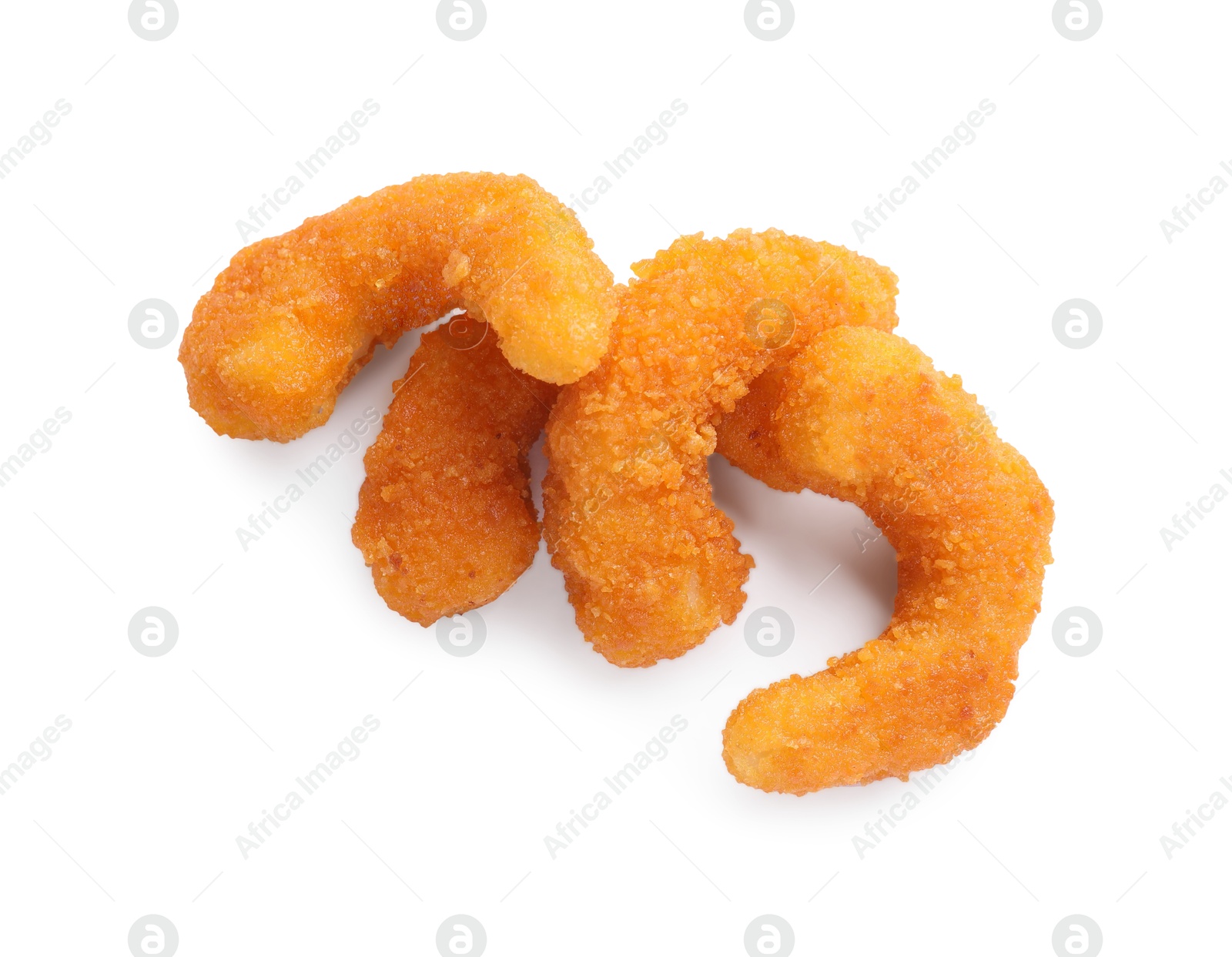 Photo of Tasty breaded fried shrimps isolated on white, top view