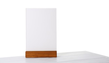 Photo of Menu holder on light wooden table against white background. Space for text