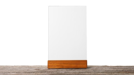 Photo of Menu holder on wooden table against white background. Mockup for design