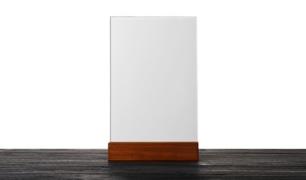 Menu holder on wooden table against white background. Mockup for design