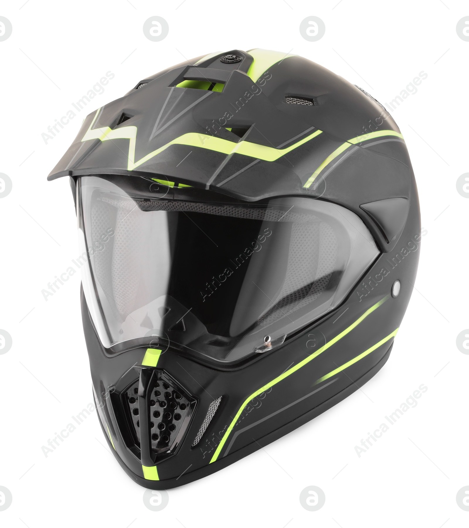 Photo of Modern motorcycle helmet with visor isolated on white