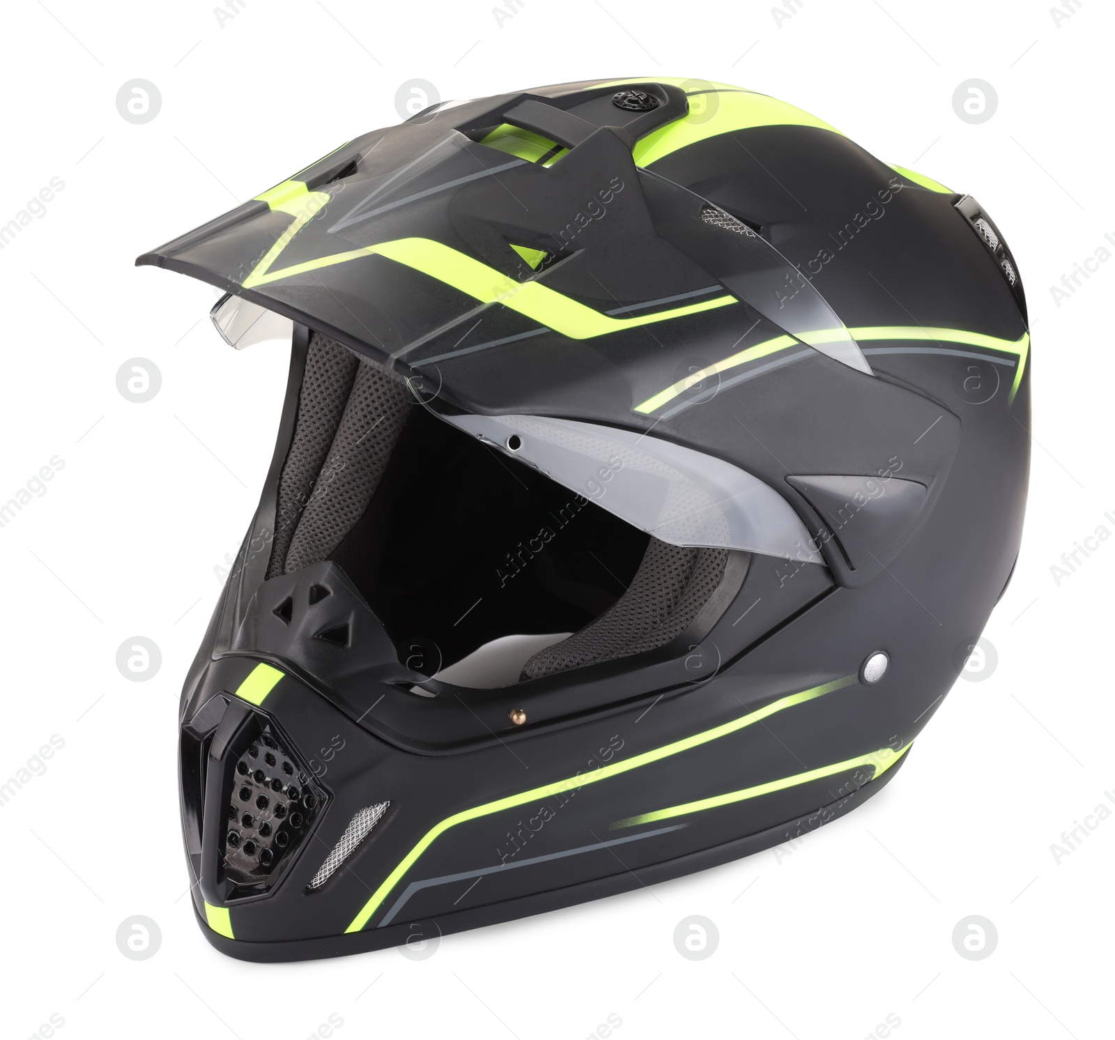 Photo of Modern motorcycle helmet with visor isolated on white