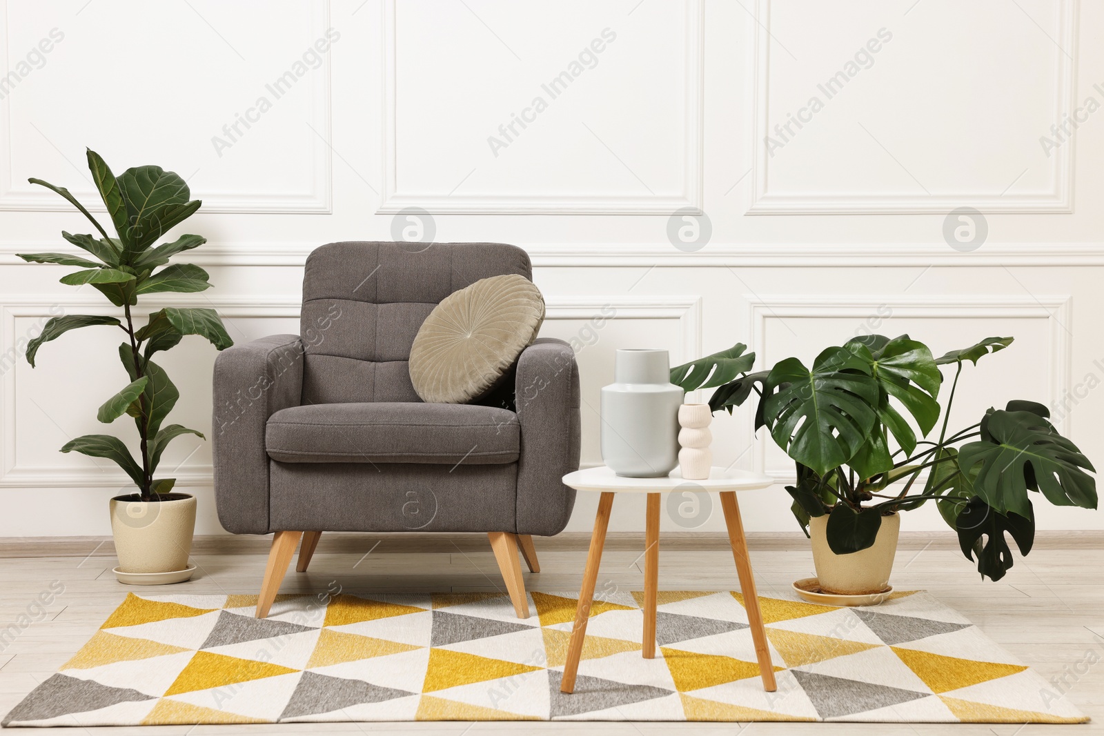 Photo of Soft armchair, coffee table and houseplants in stylish room