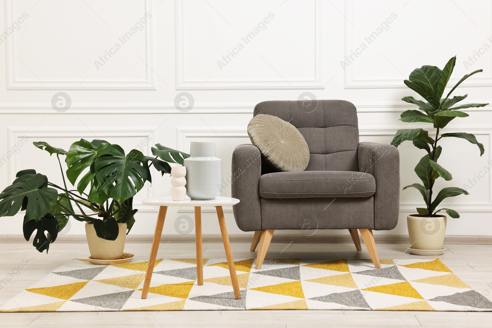 Photo of Soft armchair, coffee table and houseplants in stylish room