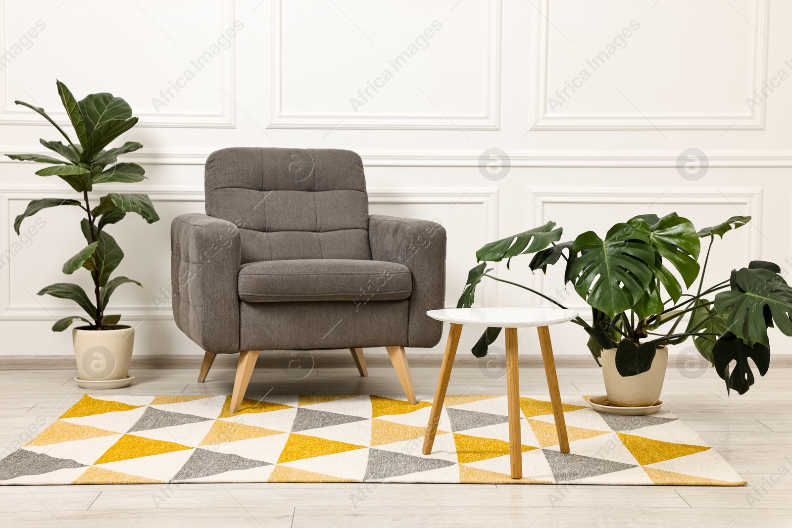 Photo of Soft armchair, coffee table and houseplants in stylish room