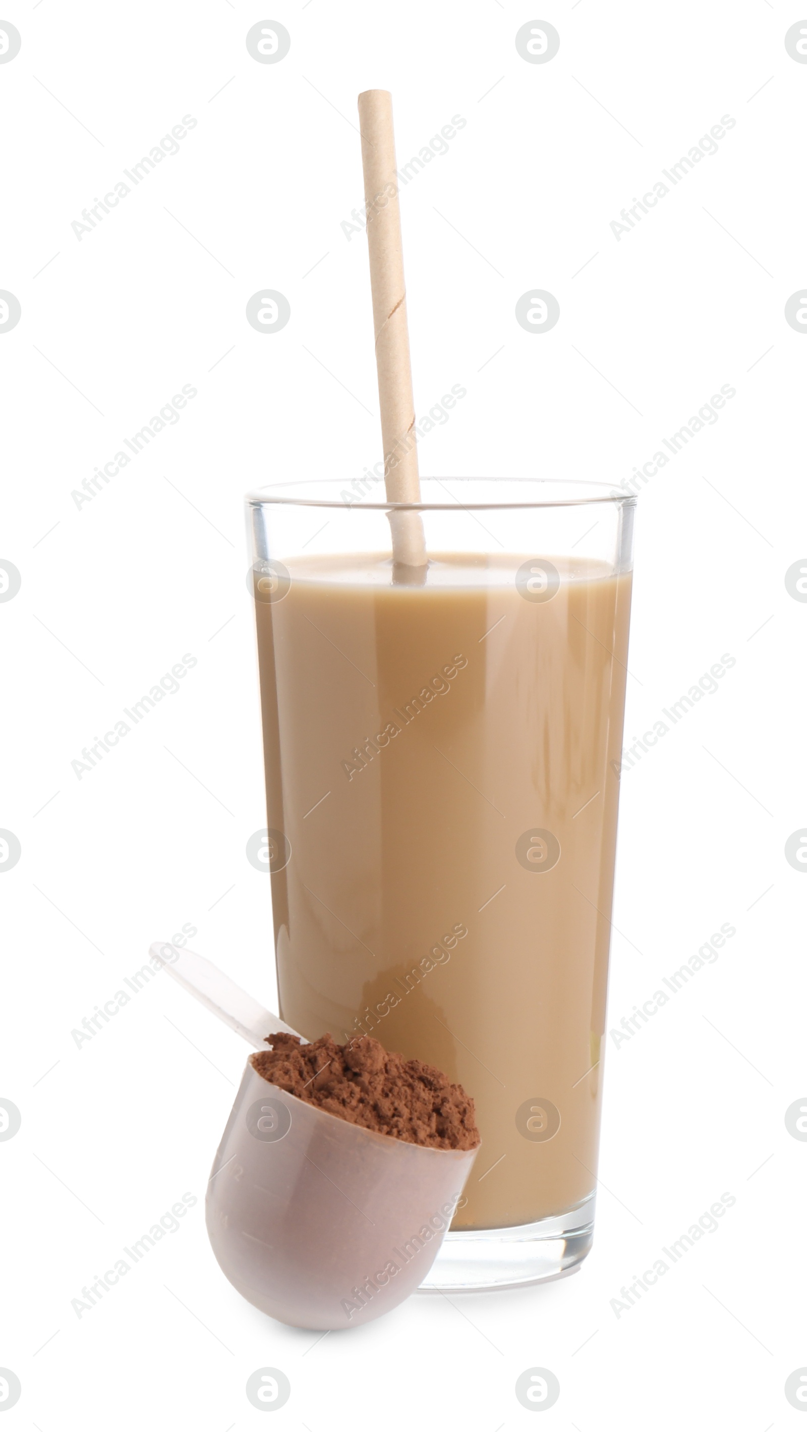 Photo of Delicious protein shake in glass and scoop with powder isolated on white