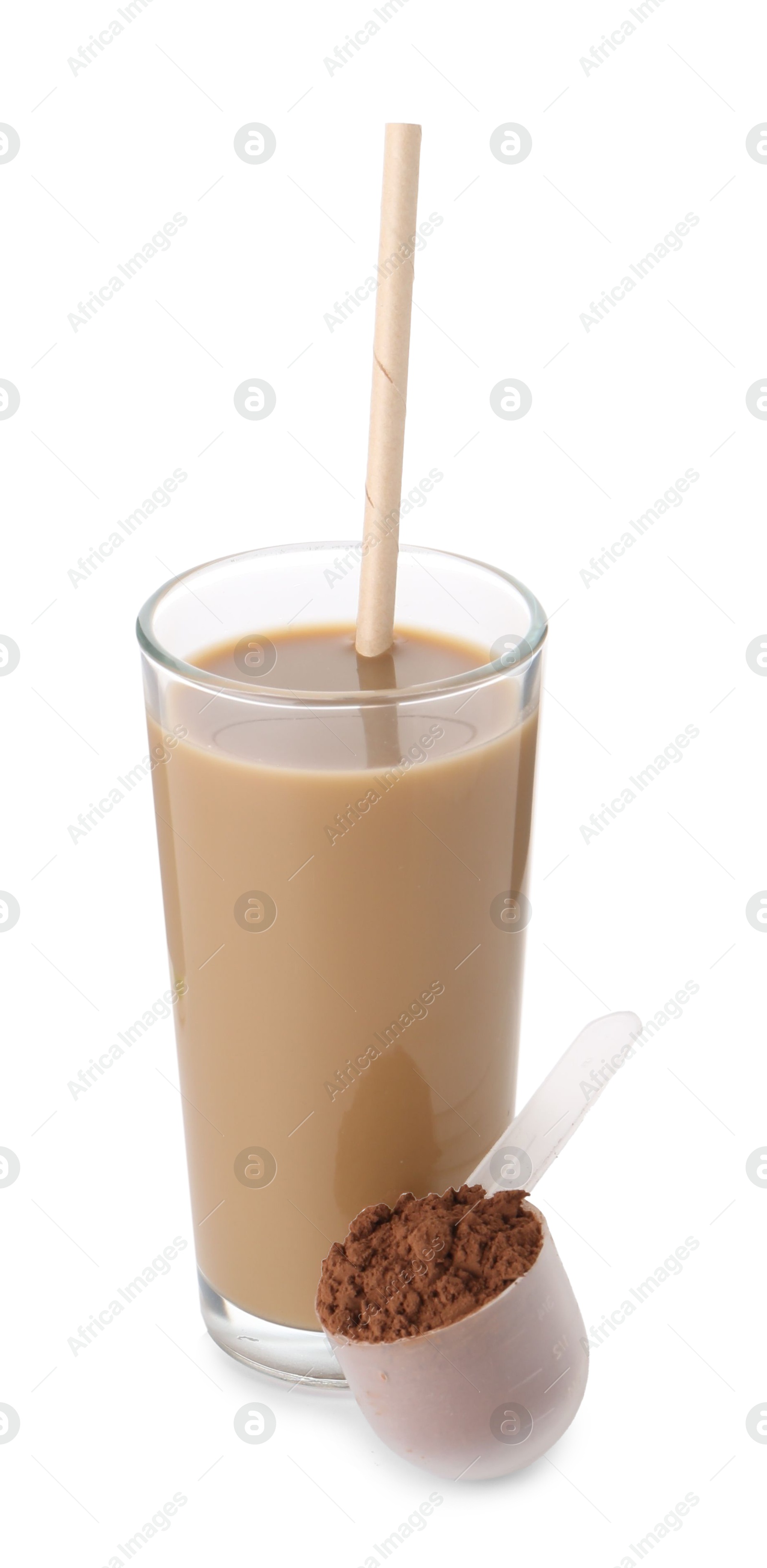 Photo of Delicious protein shake in glass and scoop with powder isolated on white