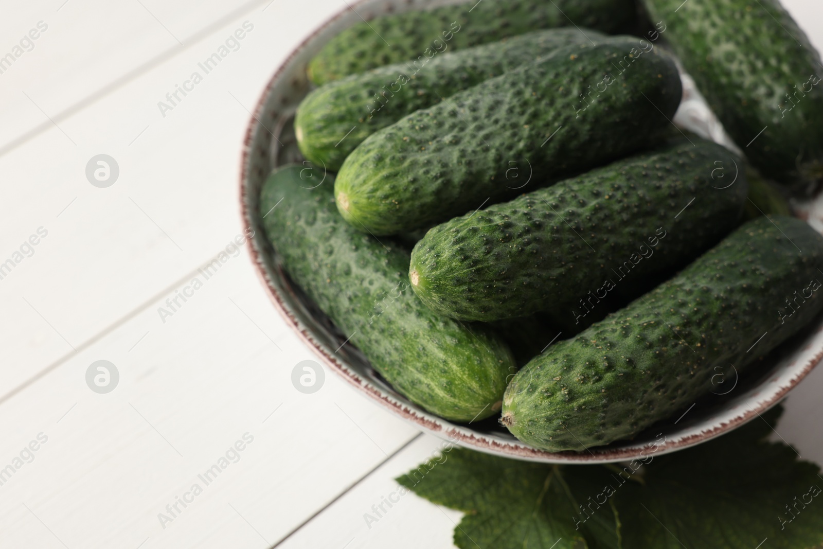 Photo of Fresh green cucumbers in bowl on white wooden table, space for text