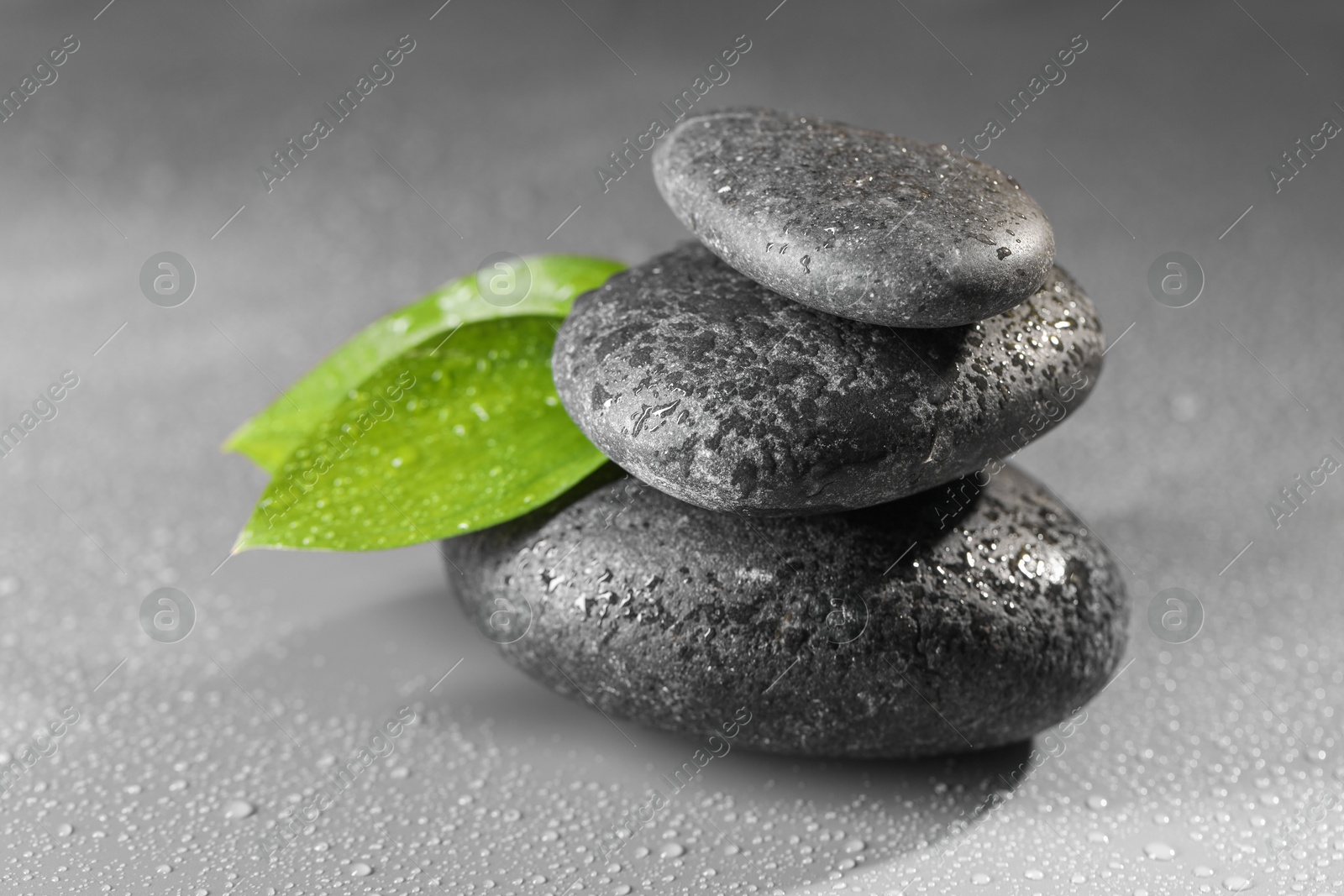 Photo of Wet spa stones and green leaves on grey background