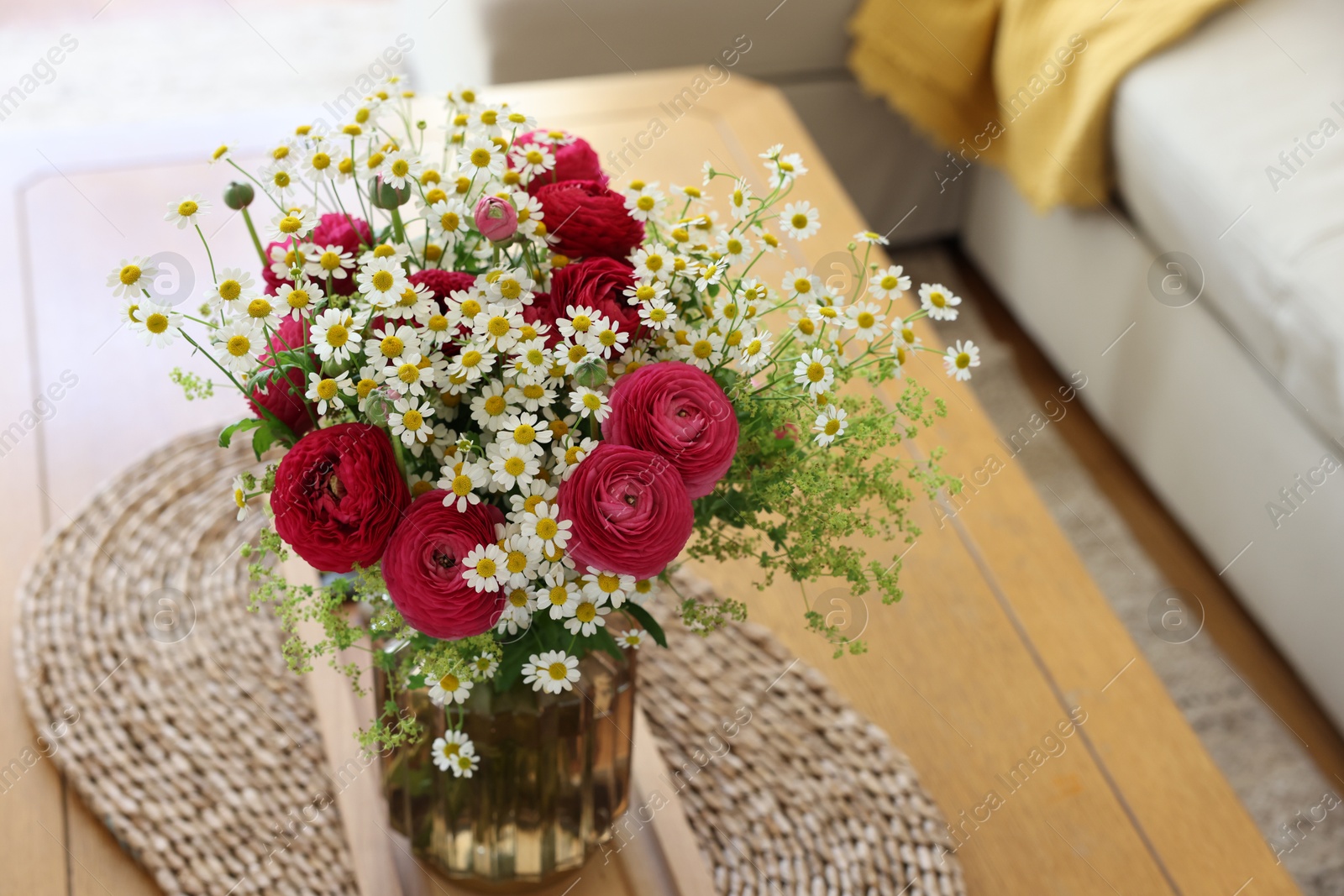 Photo of Beautiful ranunculus flowers and chamomiles in vase on table indoors