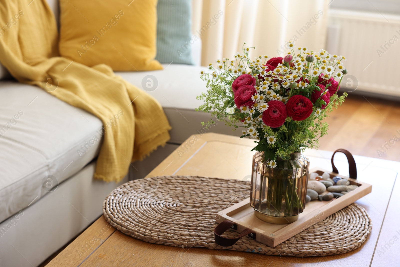 Photo of Beautiful ranunculus flowers and chamomiles in vase on table indoors. Space for text