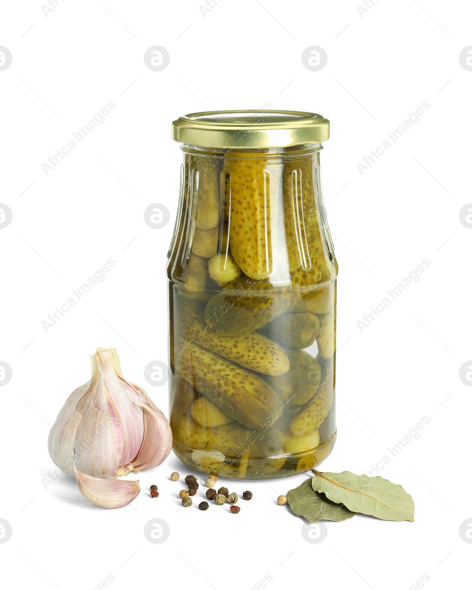 Photo of Pickled cucumbers in jar and spices isolated on white