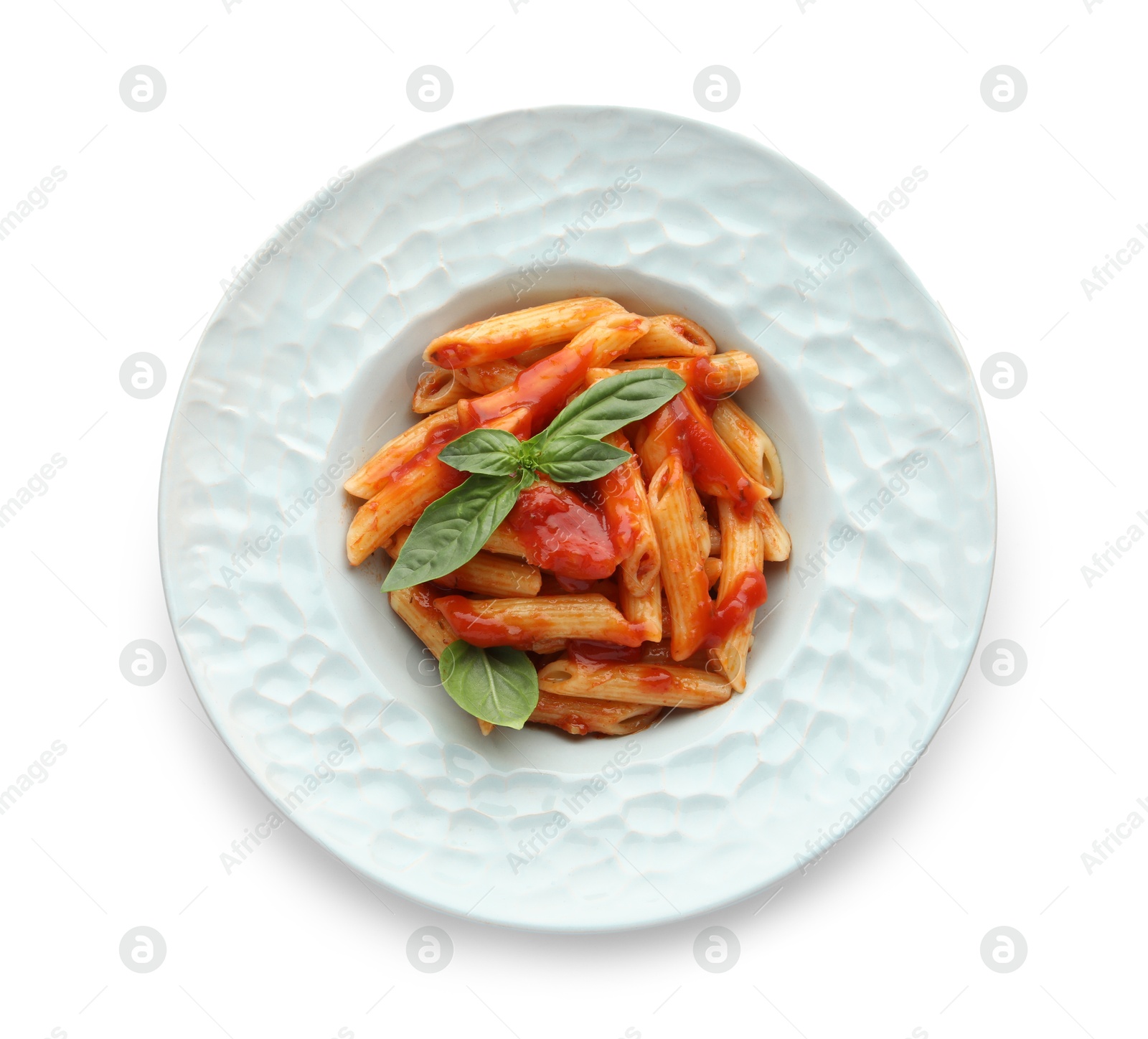 Photo of Delicious pasta with tomato sauce and basil isolated on white, top view