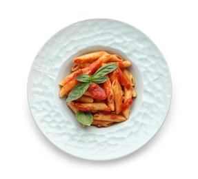 Photo of Delicious pasta with tomato sauce and basil isolated on white, top view