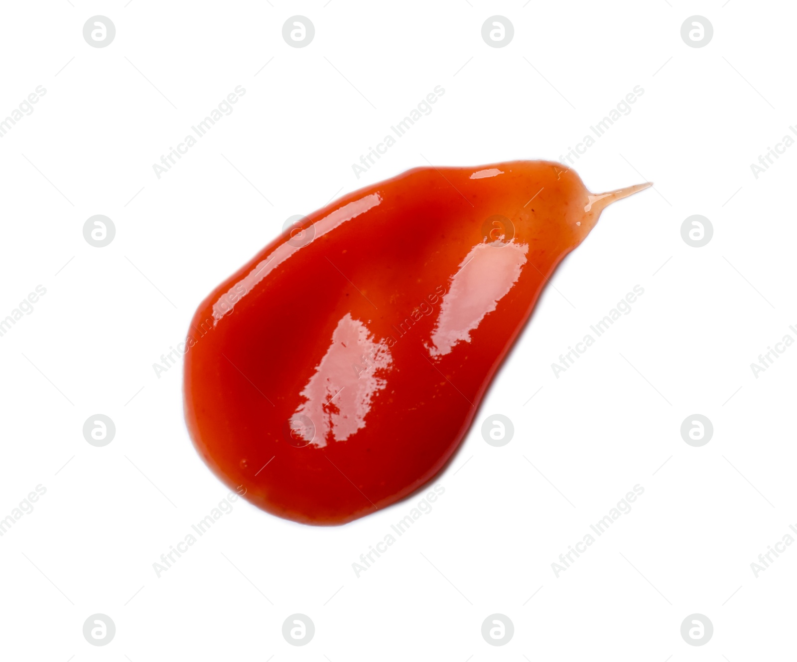 Photo of Tasty ketchup isolated on white, top view. Tomato sauce