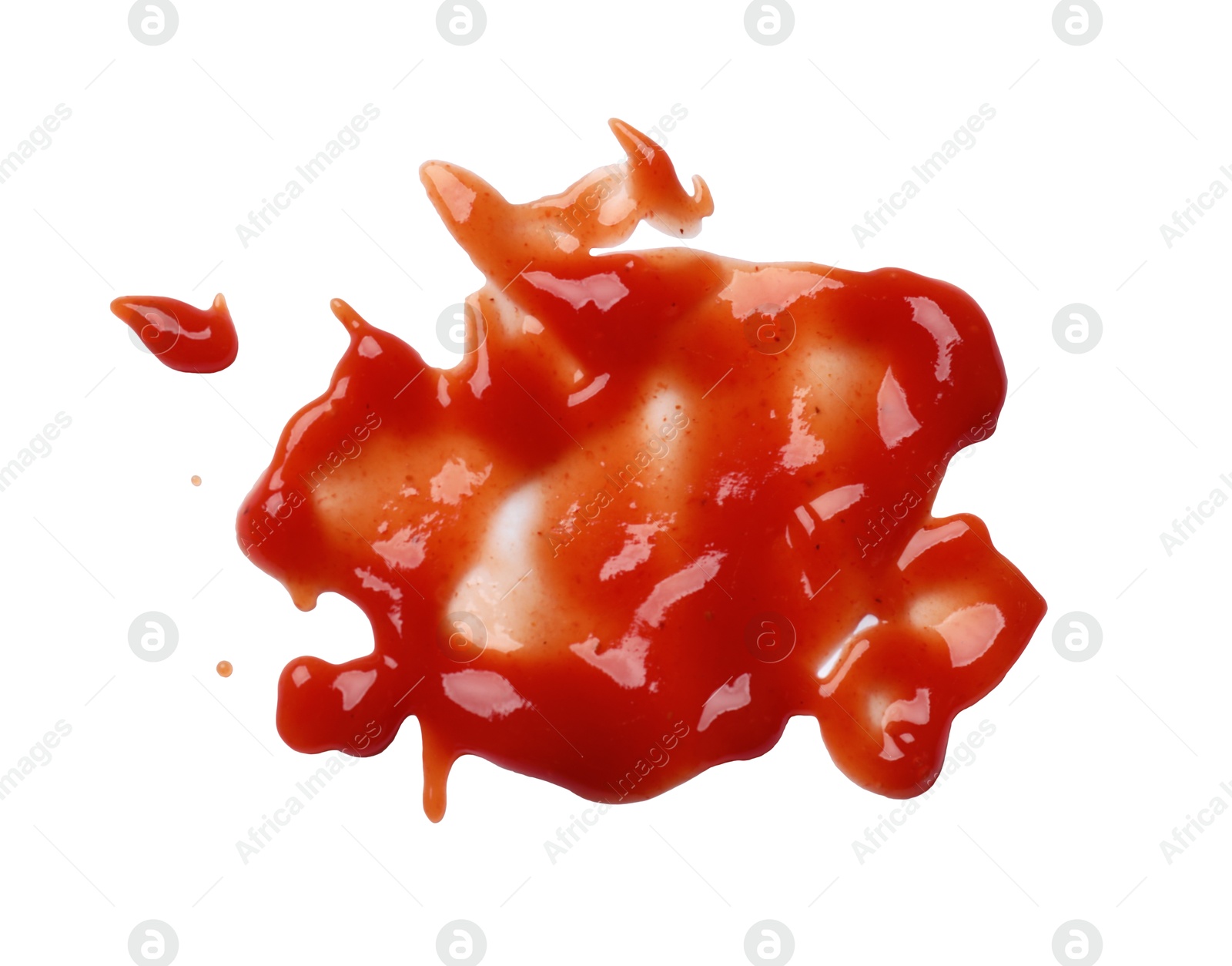 Photo of Tasty ketchup isolated on white, top view. Tomato sauce