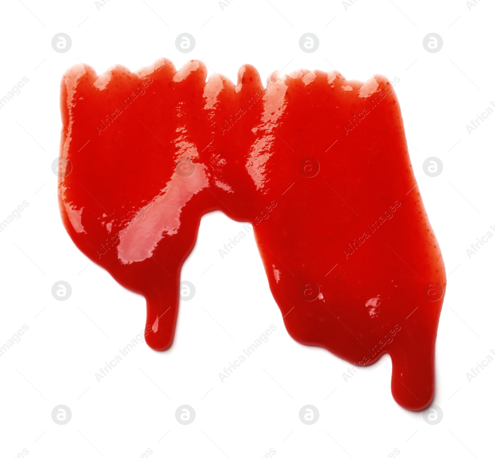 Photo of Tasty ketchup isolated on white, top view. Tomato sauce