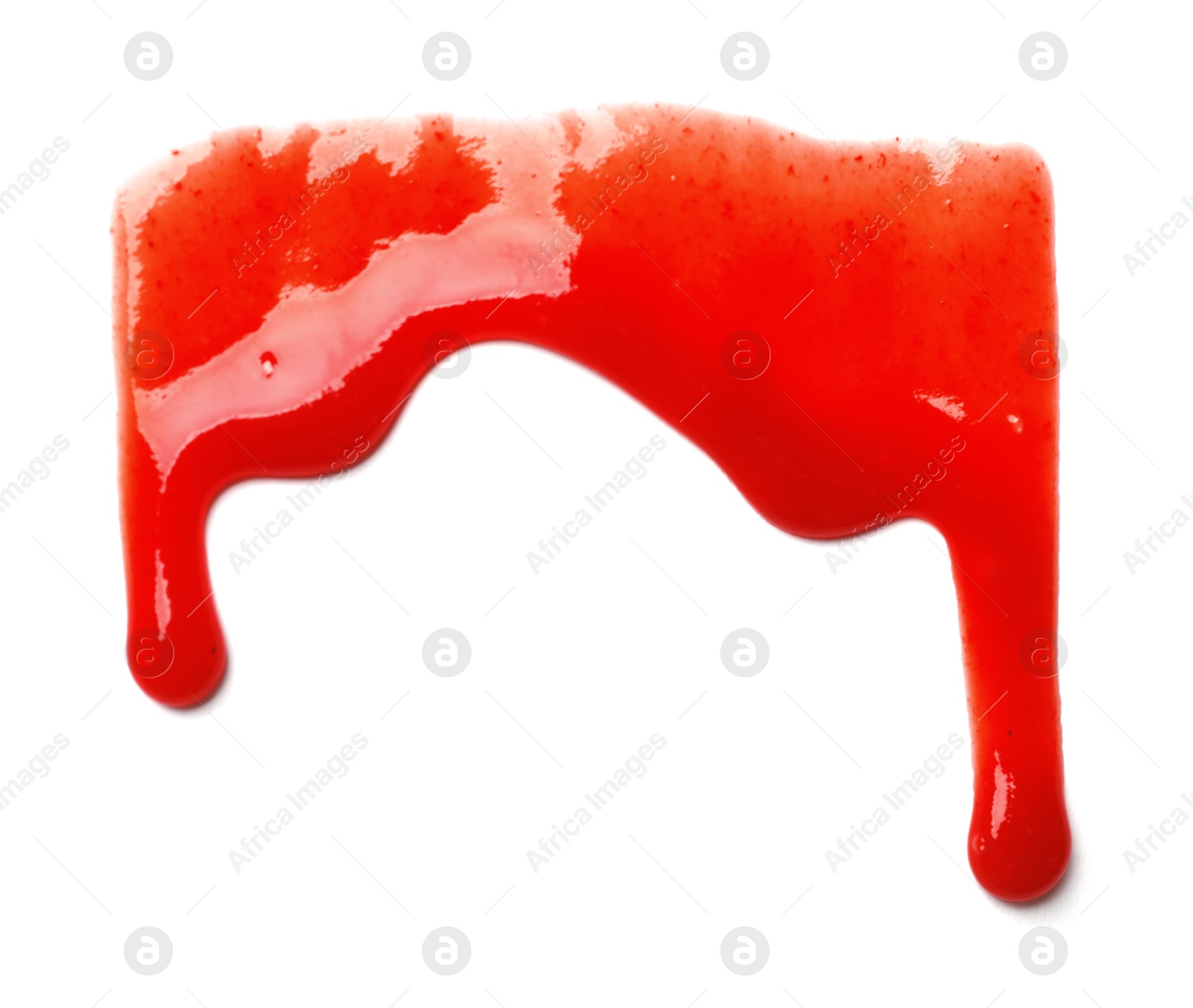 Photo of Tasty ketchup isolated on white, top view. Tomato sauce