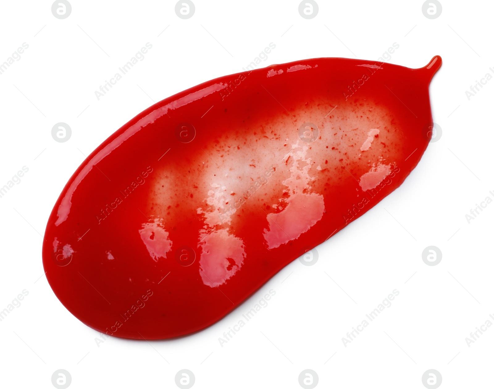 Photo of Tasty ketchup isolated on white, top view. Tomato sauce