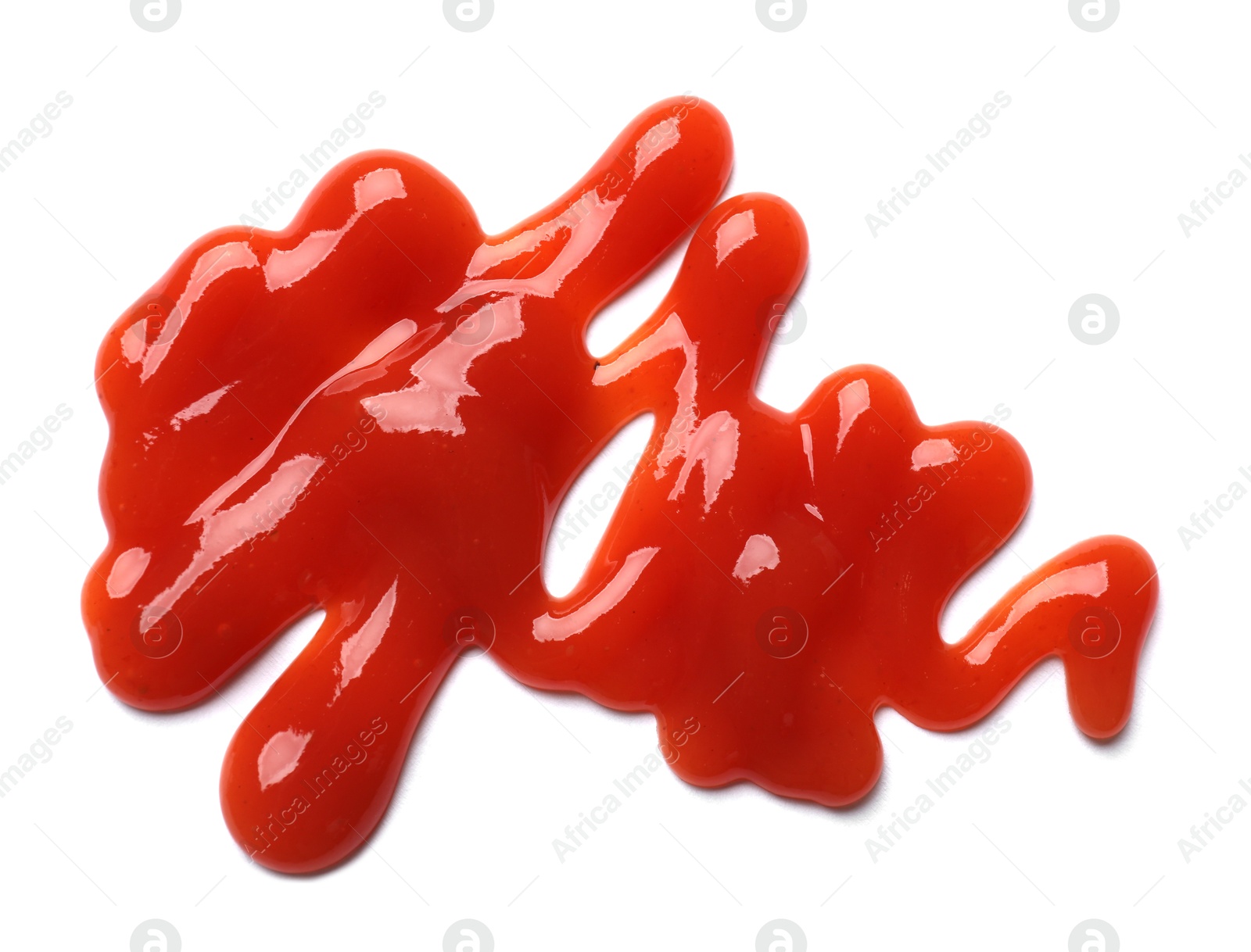 Photo of Tasty ketchup isolated on white, top view. Tomato sauce