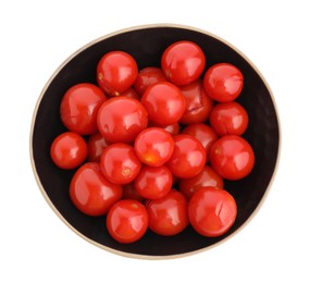 Photo of Tasty pickled tomatoes in bowl isolated on white, top view