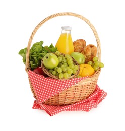 Photo of Picnic wicker basket with checkered napkin, food and juice isolated on white