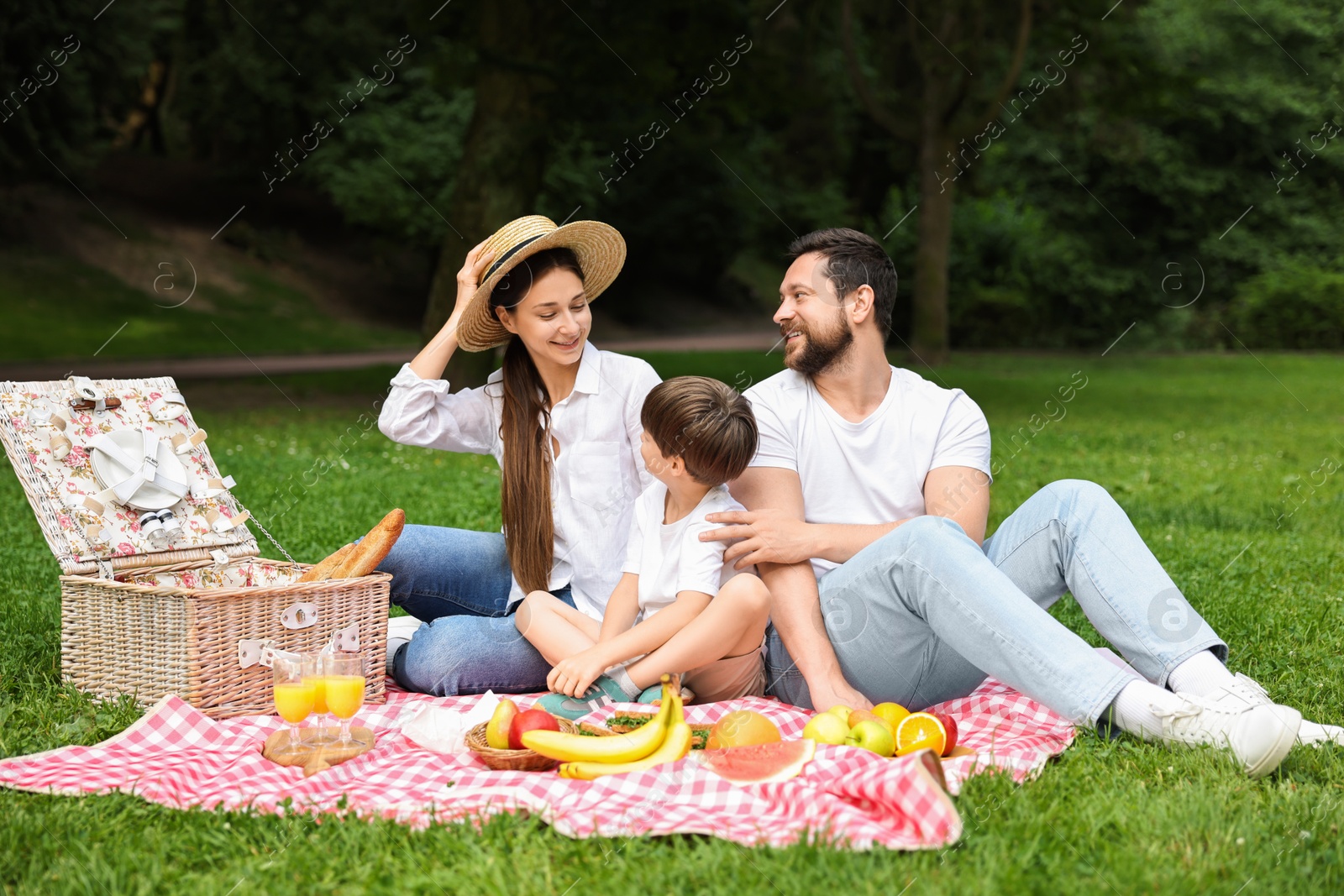 Photo of Family picnic. Happy parents and their son spending time together in park