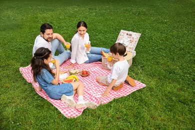 Photo of Family picnic. Happy parents and their children drinking juice on green grass outdoors