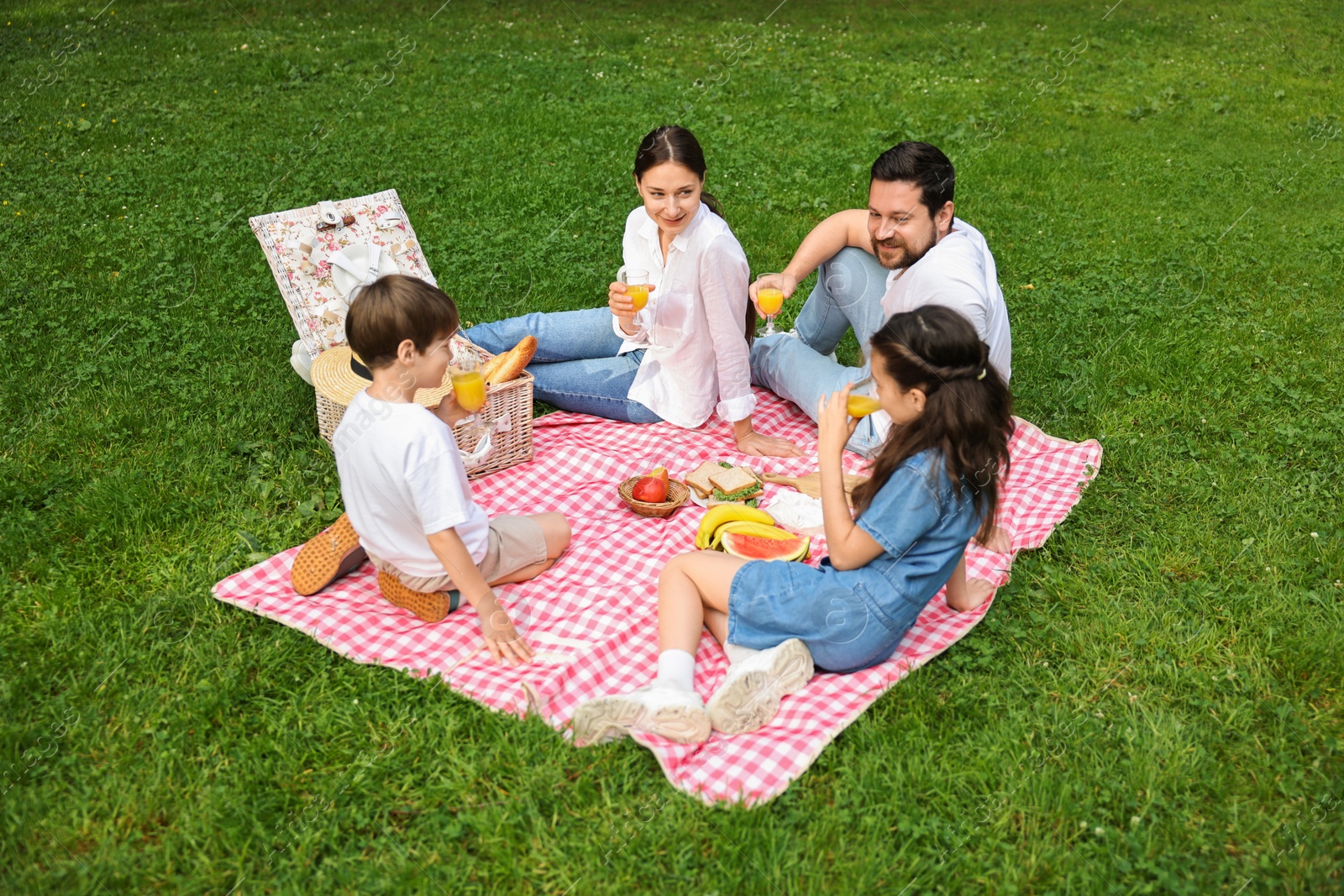 Photo of Family picnic. Happy parents and their children drinking juice on green grass outdoors