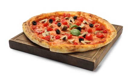 Photo of Delicious pizza with tomatoes, mushrooms, black olives and basil isolated on white