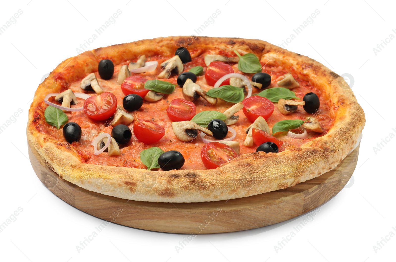 Photo of Delicious pizza with tomatoes, mushrooms, black olives and basil isolated on white