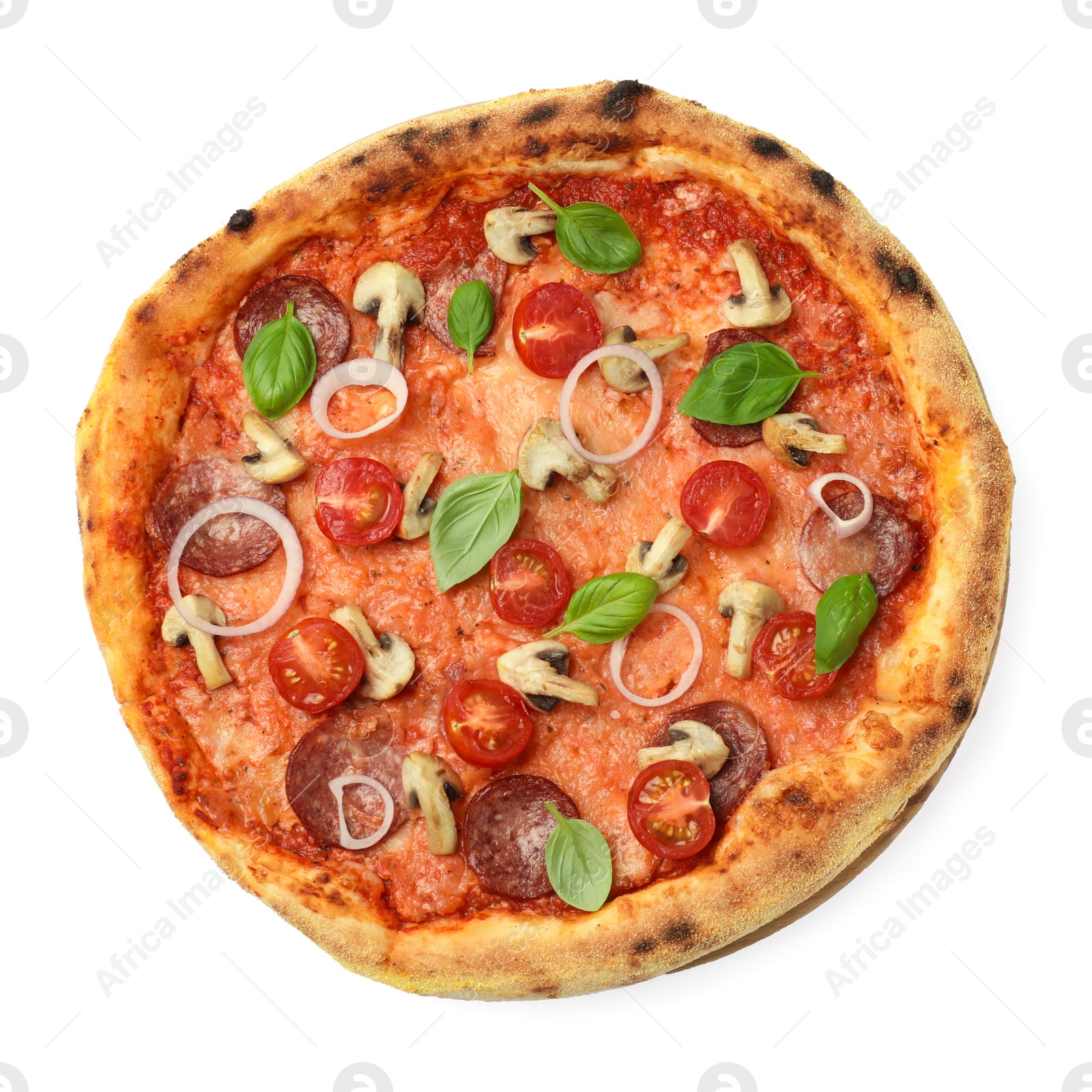 Photo of Delicious pizza with salami, tomatoes, mushrooms and basil isolated on white, top view