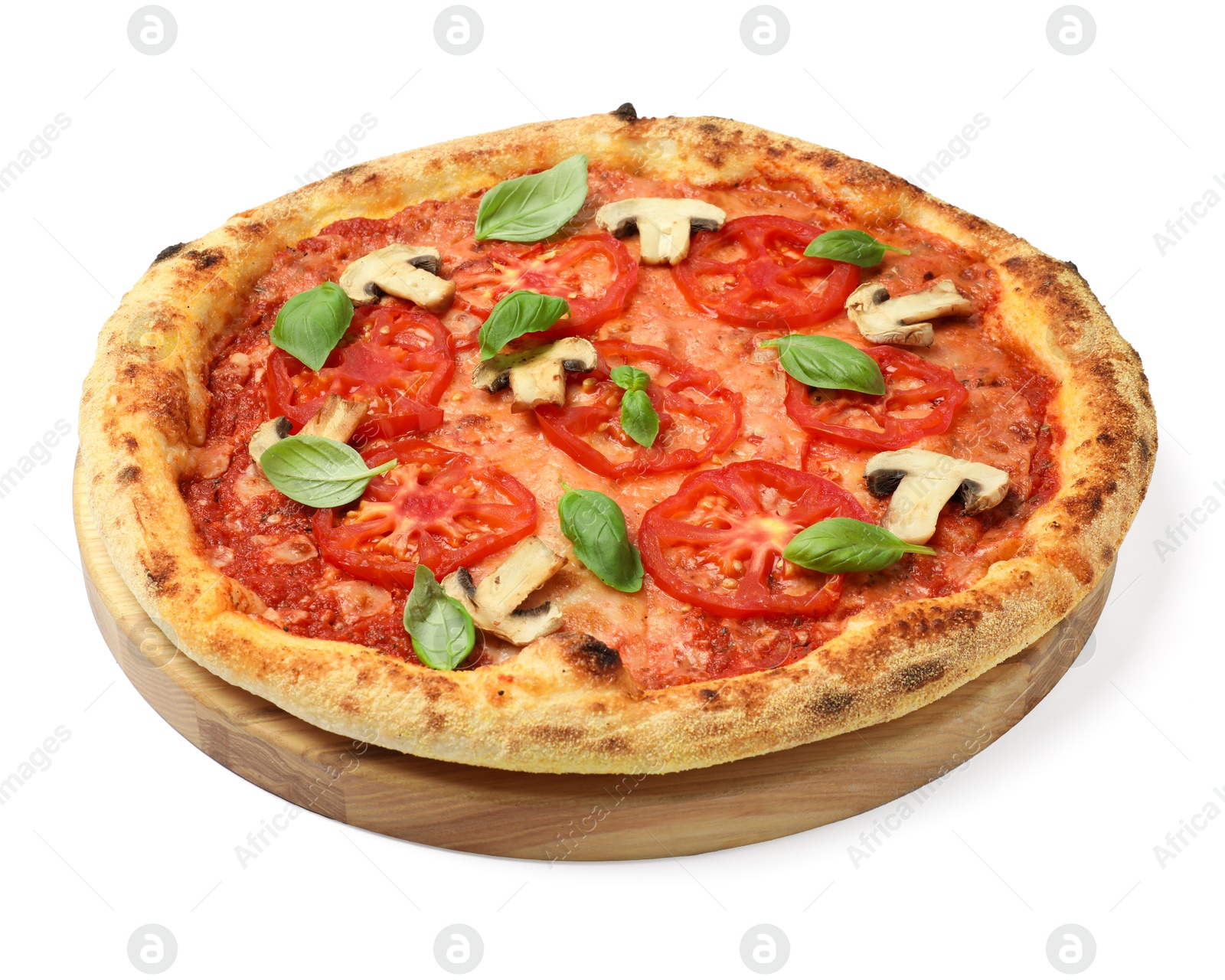 Photo of Delicious pizza with tomatoes, mushrooms and basil isolated on white