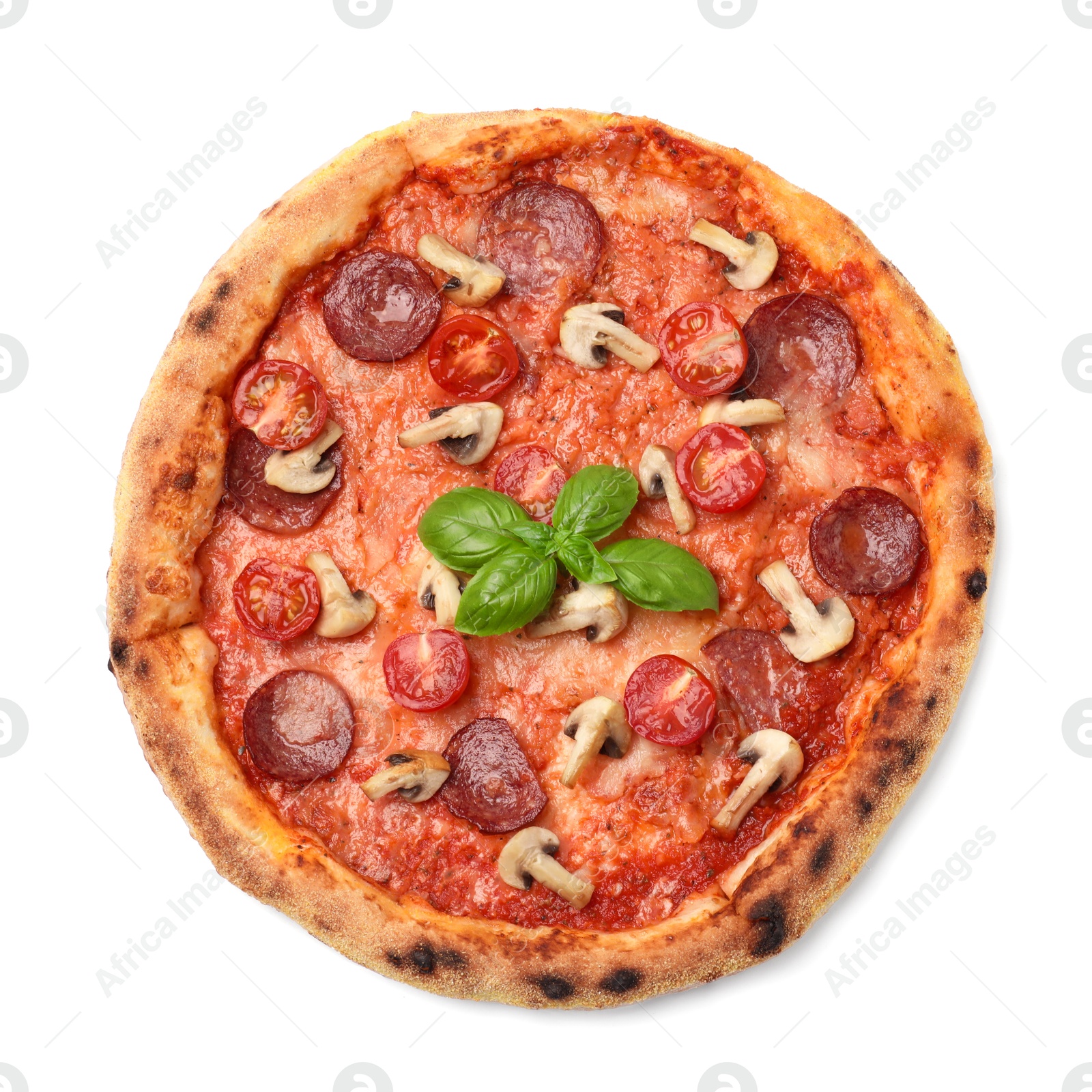 Photo of Delicious pizza with salami, tomatoes, mushrooms and basil isolated on white, top view