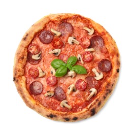 Photo of Delicious pizza with salami, tomatoes, mushrooms and basil isolated on white, top view