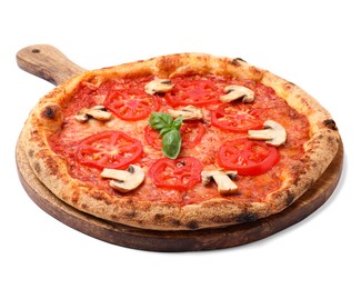 Photo of Delicious pizza with tomatoes, mushrooms and basil isolated on white