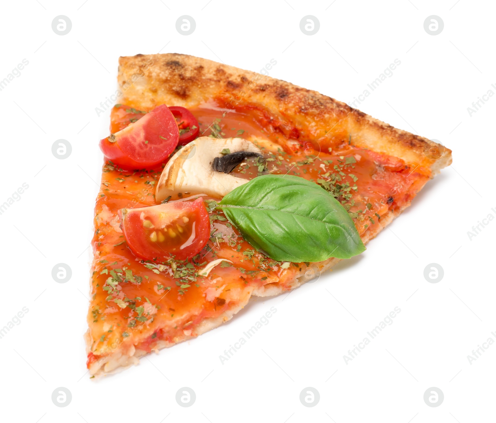 Photo of Piece of tasty pizza with basil, mushroom and tomato isolated on white